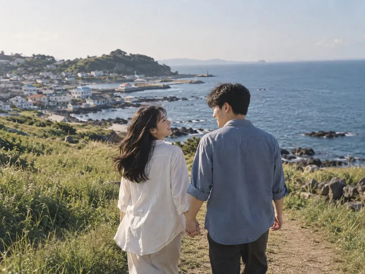 바닷가 길을 함께 걷는 연인.