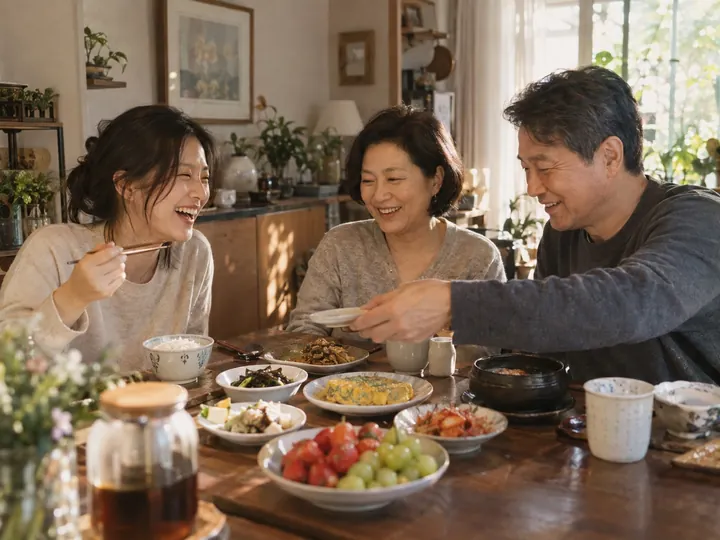 自宅で食事を楽しむ親と成人した子ども。