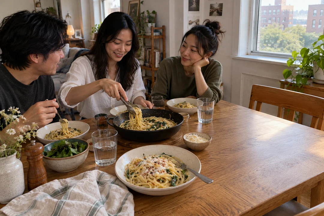 家でパスタを囲み、会話する3人の友だち。