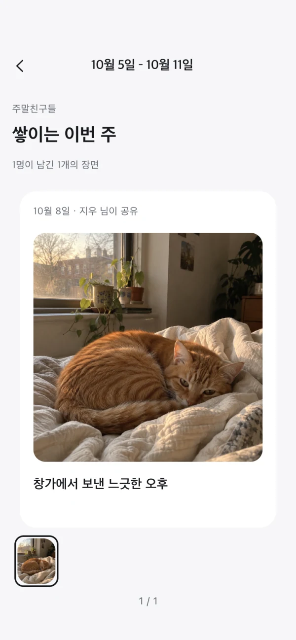 O-Uniの実際の週ごとの記録画面。共有日、共有した人、写真を表示します。画面は韓国語です。